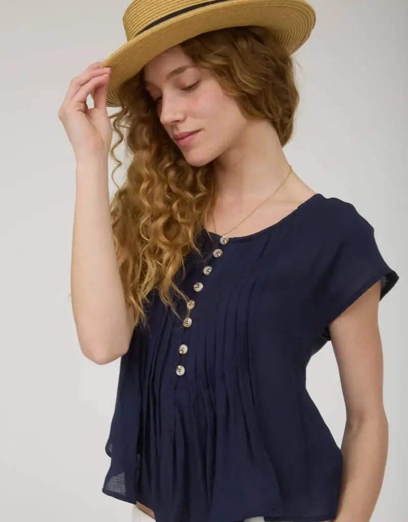 509 Broadway Half Button Pintuck Detail Shoulder Top