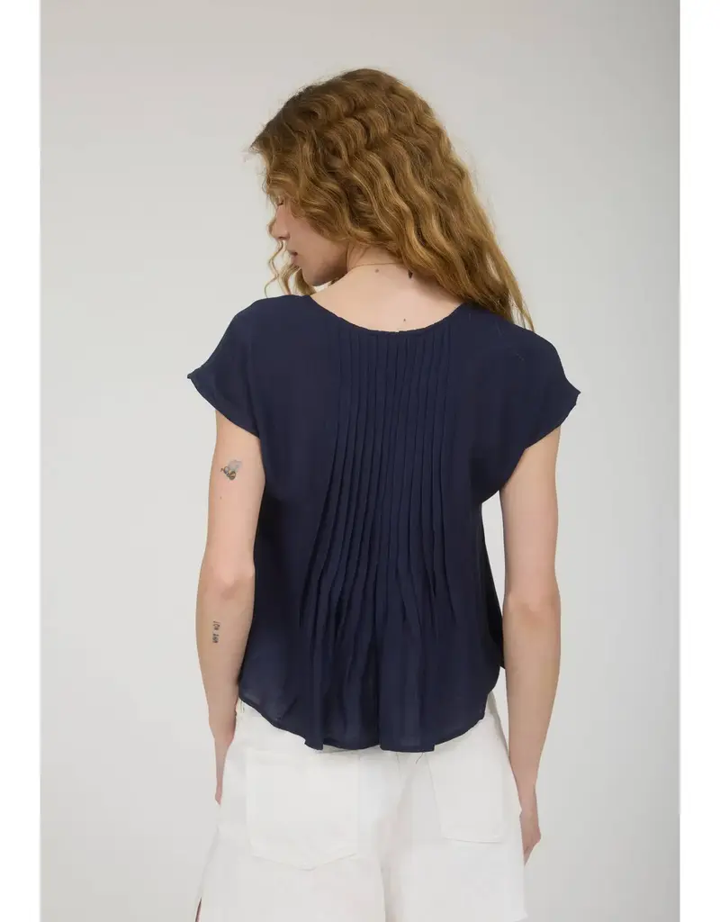 509 Broadway Half Button Pintuck Detail Shoulder Top