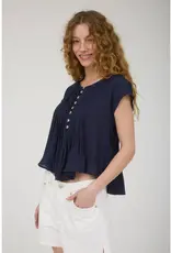 509 Broadway Half Button Pintuck Detail Shoulder Top