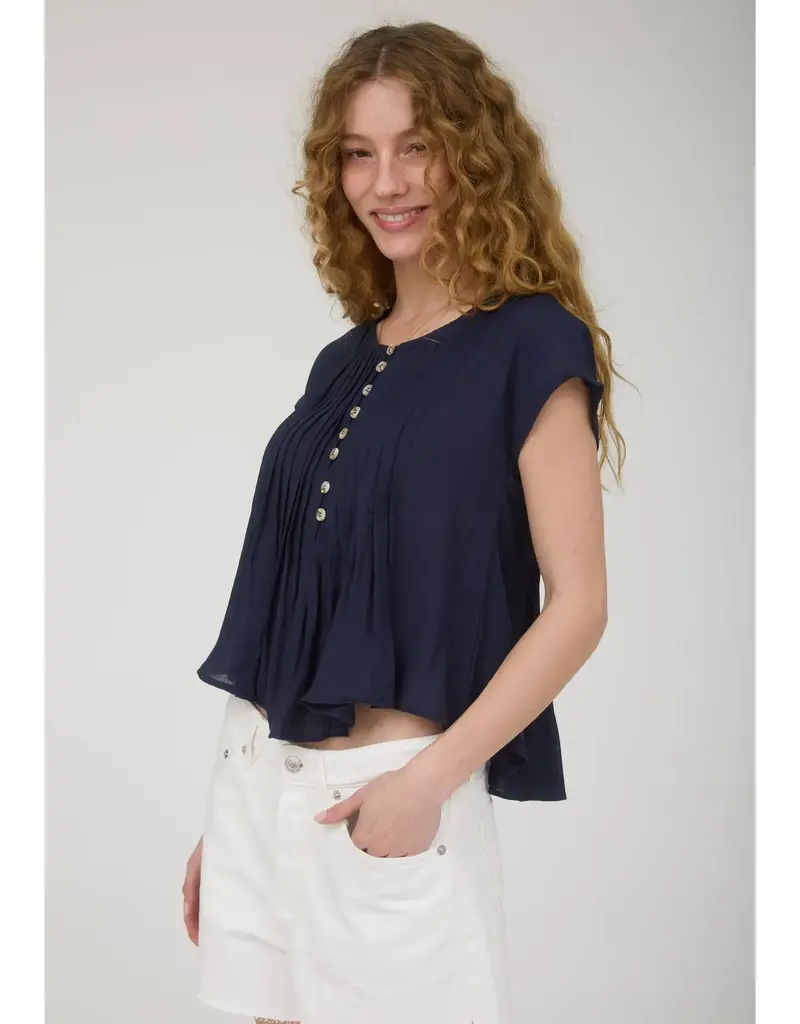 509 Broadway Half Button Pintuck Detail Shoulder Top