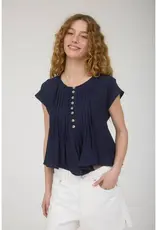 509 Broadway Half Button Pintuck Detail Shoulder Top