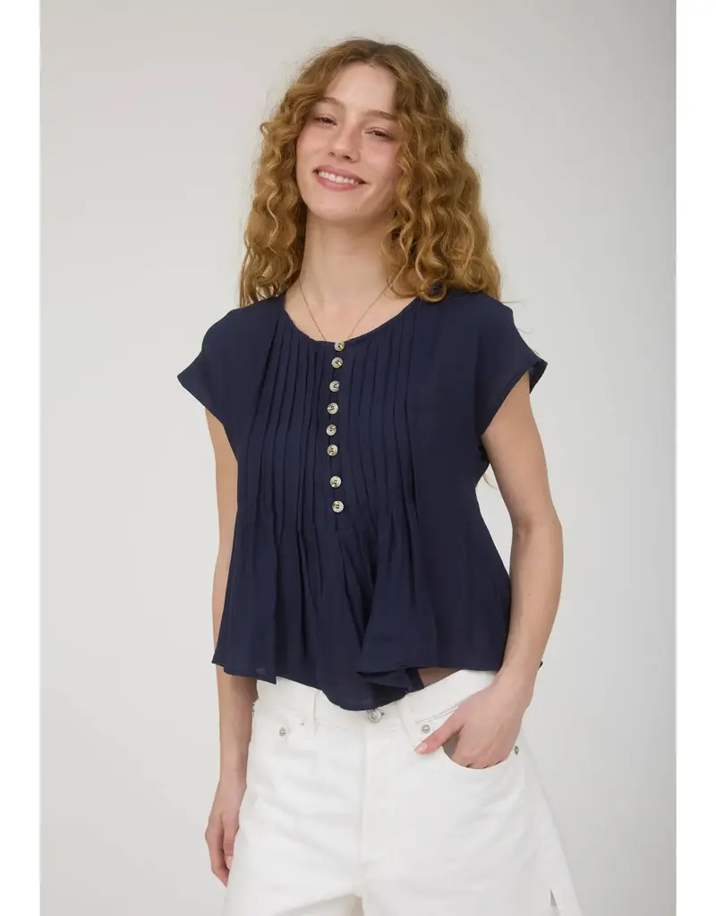 509 Broadway Half Button Pintuck Detail Shoulder Top