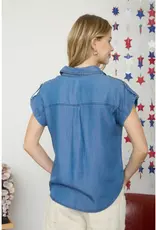 509 Broadway Tab Sleeve Collared Button Down Chambray Top