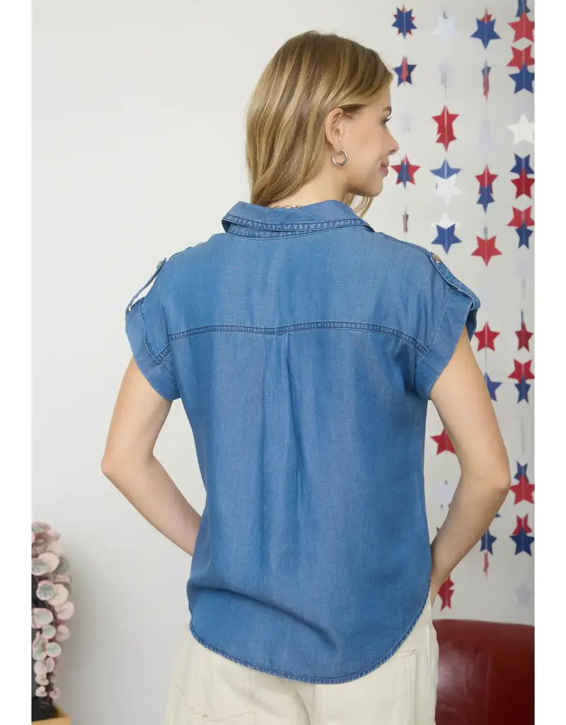509 Broadway Tab Sleeve Collared Button Down Chambray Top