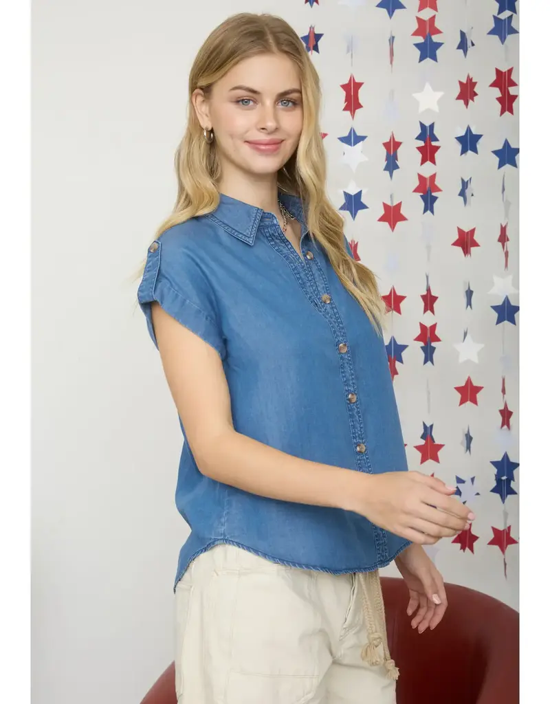 509 Broadway Tab Sleeve Collared Button Down Chambray Top