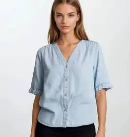 509 Broadway Denim V-Neck Mini Ruffle Top