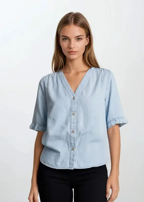 509 Broadway Denim V-Neck Mini Ruffle Top