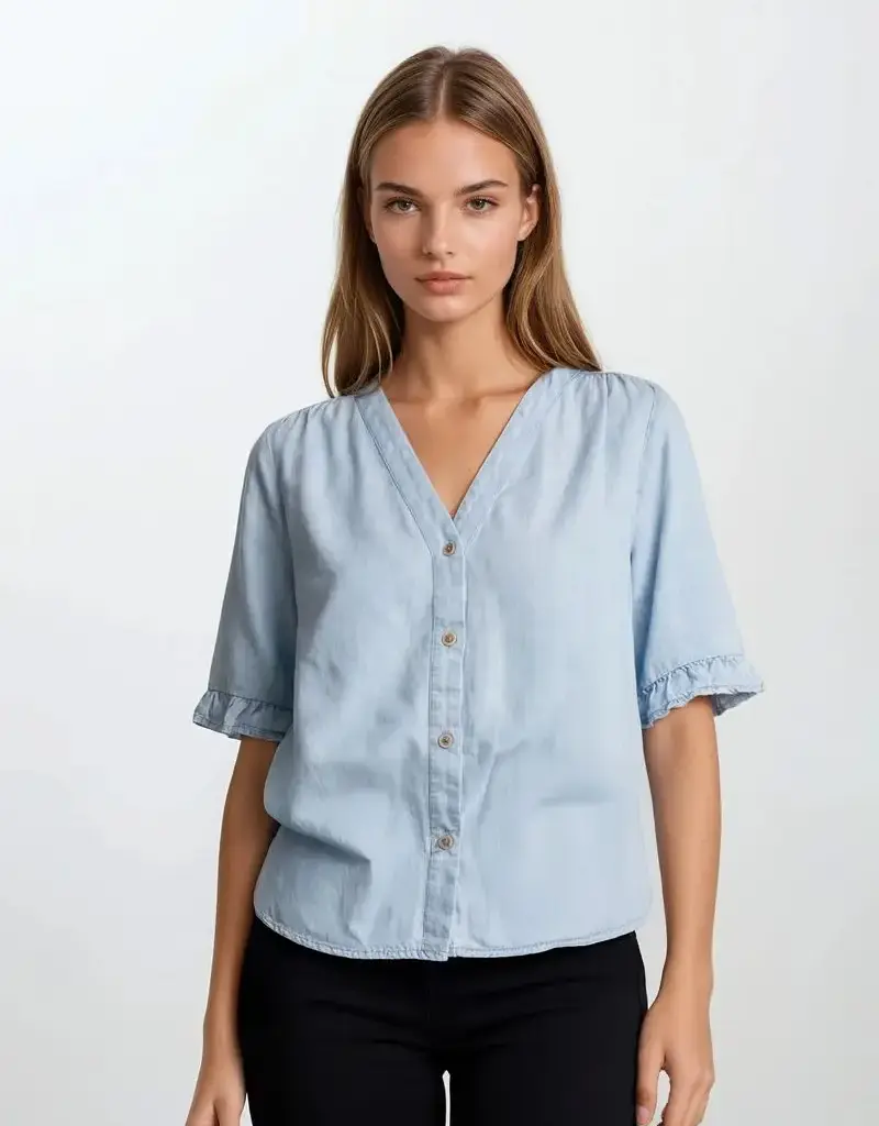 509 Broadway Denim V-Neck Mini Ruffle Top