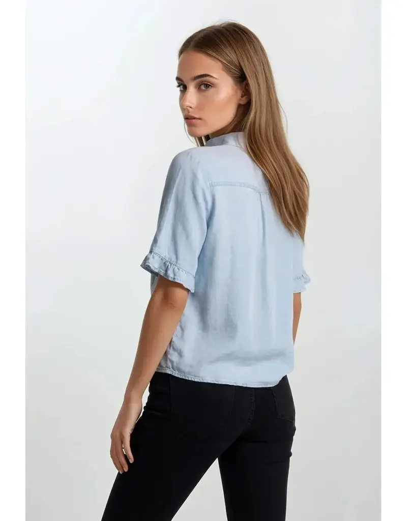 509 Broadway Denim V-Neck Mini Ruffle Top