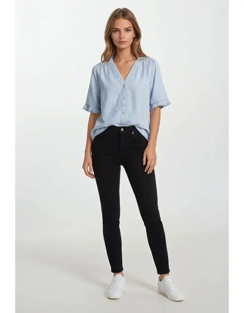 509 Broadway Denim V-Neck Mini Ruffle Top
