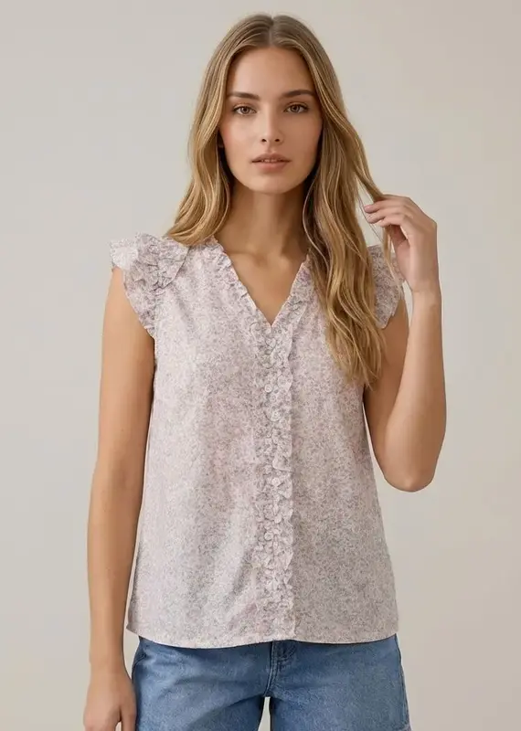 509 Broadway Printed V-Neck Cap Sleeve Blouse