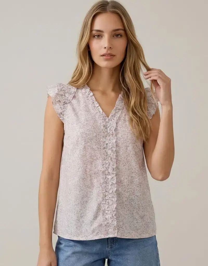 509 Broadway Printed V-Neck Cap Sleeve Blouse