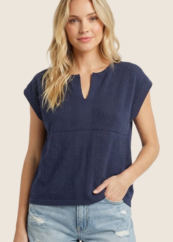 509 Broadway Pointelle Slit Neck SS Sweater