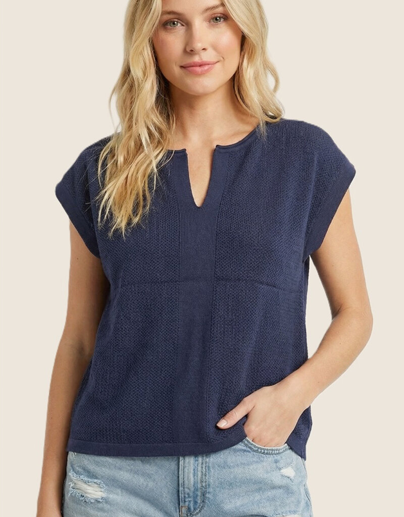 509 Broadway Pointelle Slit Neck SS Sweater