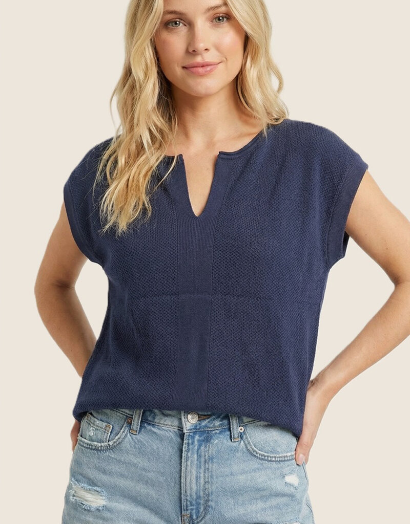 509 Broadway Pointelle Slit Neck SS Sweater