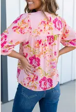 509 Broadway Las Floral Print Tie Neck Puffy Blouse
