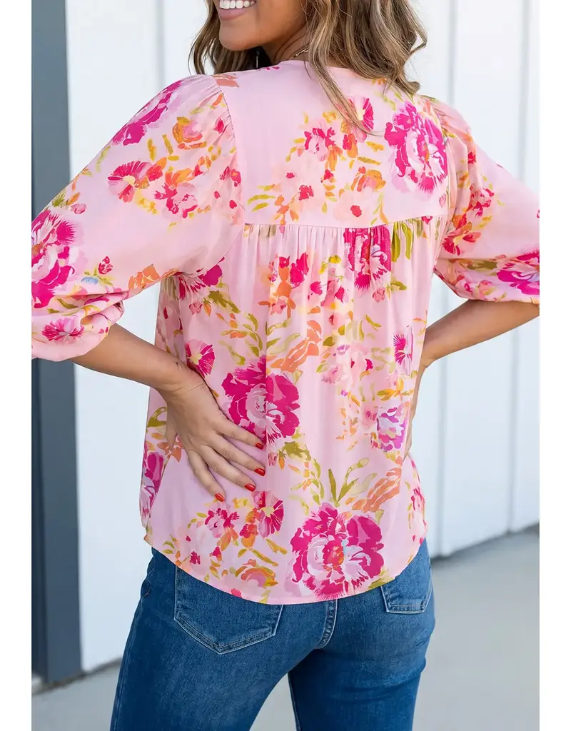 509 Broadway Las Floral Print Tie Neck Puffy Blouse