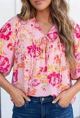 509 Broadway Las Floral Print Tie Neck Puffy Blouse
