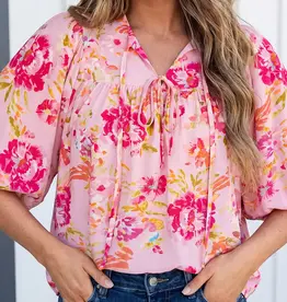 509 Broadway Las Floral Print Tie Neck Puffy Blouse