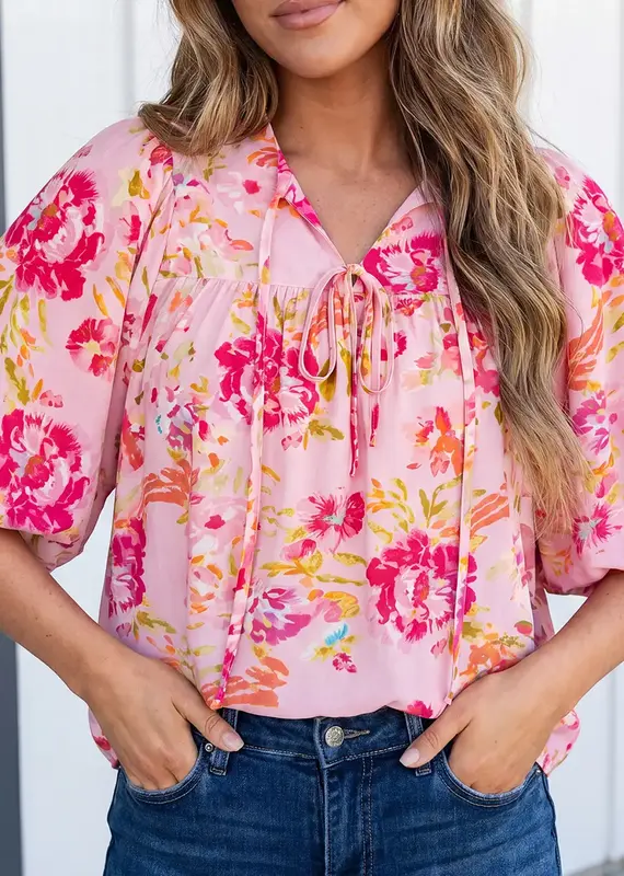 509 Broadway Las Floral Print Tie Neck Puffy Blouse
