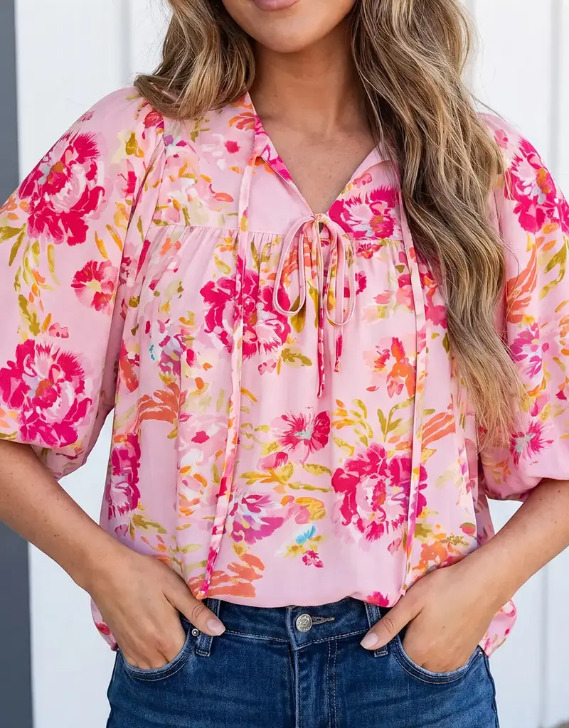 509 Broadway Las Floral Print Tie Neck Puffy Blouse