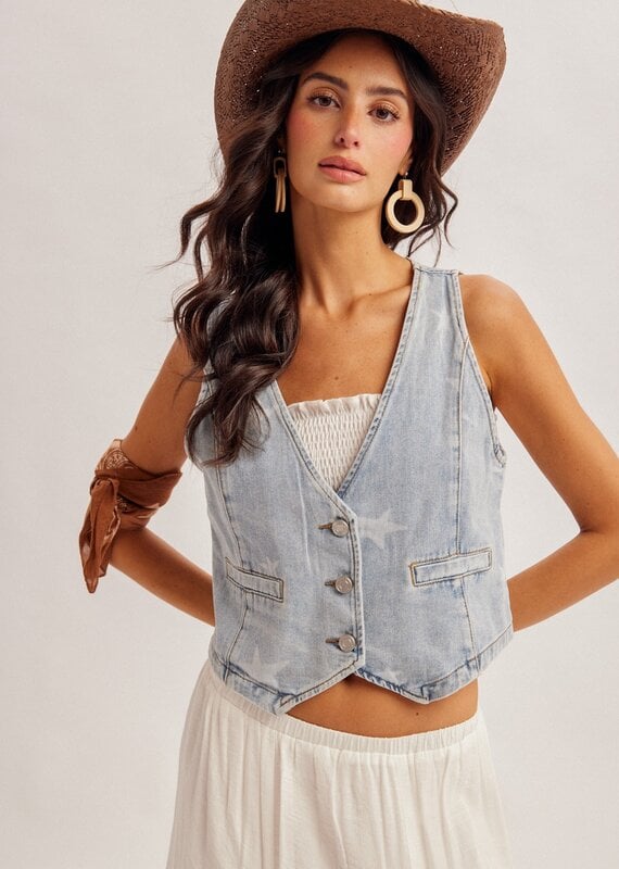 509 Broadway Star Print Denim Vest
