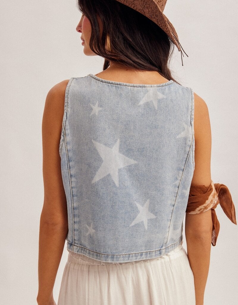 509 Broadway Star Print Denim Vest