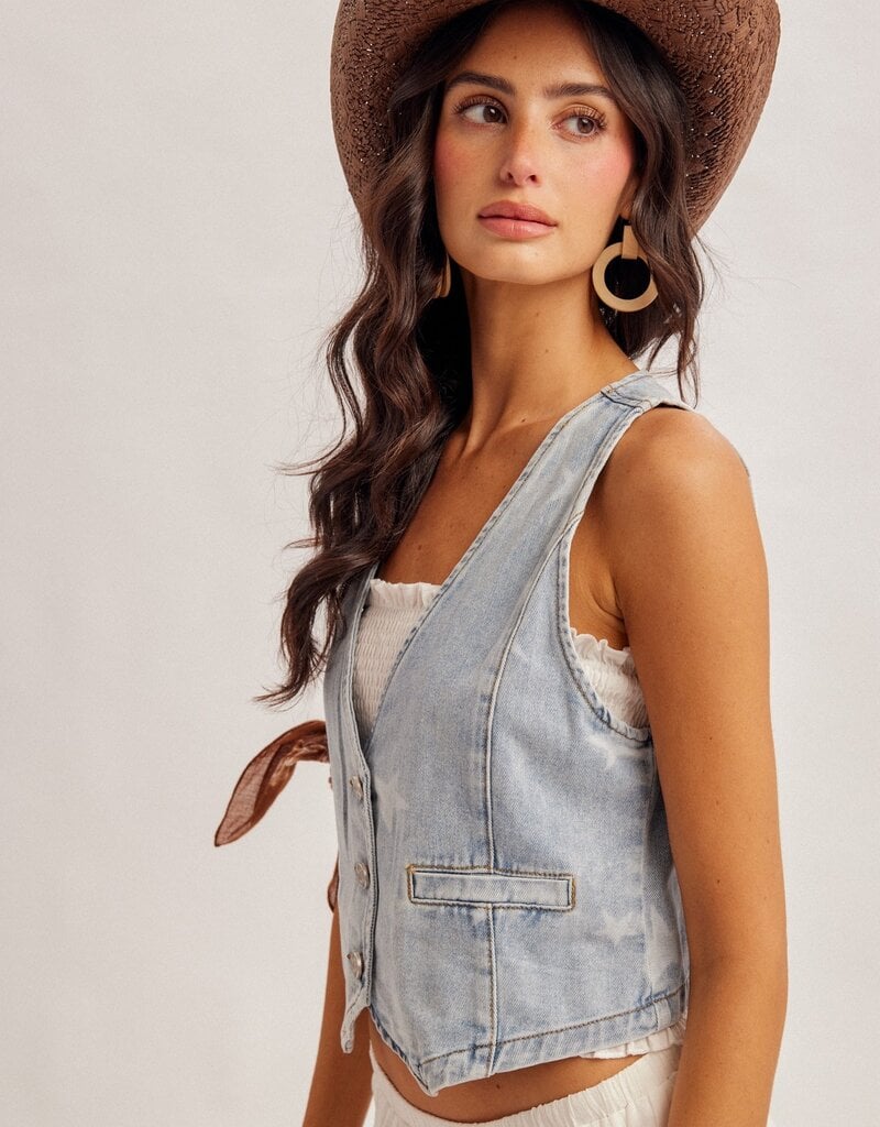 509 Broadway Star Print Denim Vest