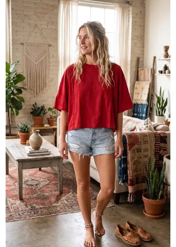 509 Broadway Cotton Slub Raw Edge Oversized Top