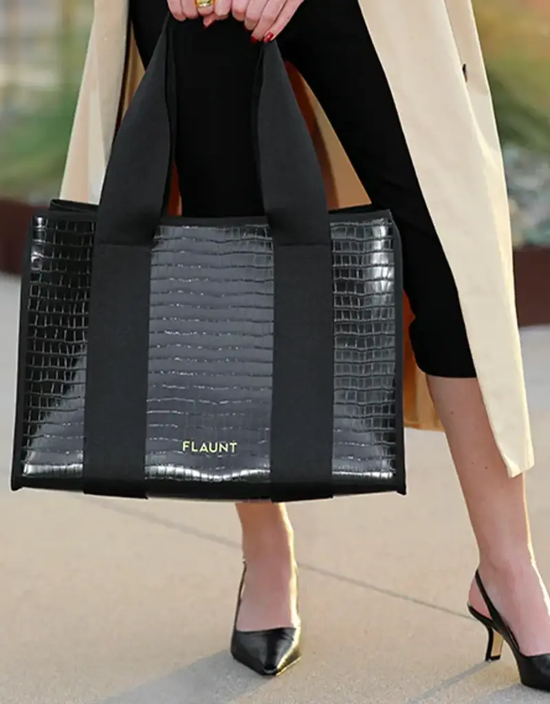 509 Broadway Black Crocodile Leather Everyday Tote Bag with Pouch