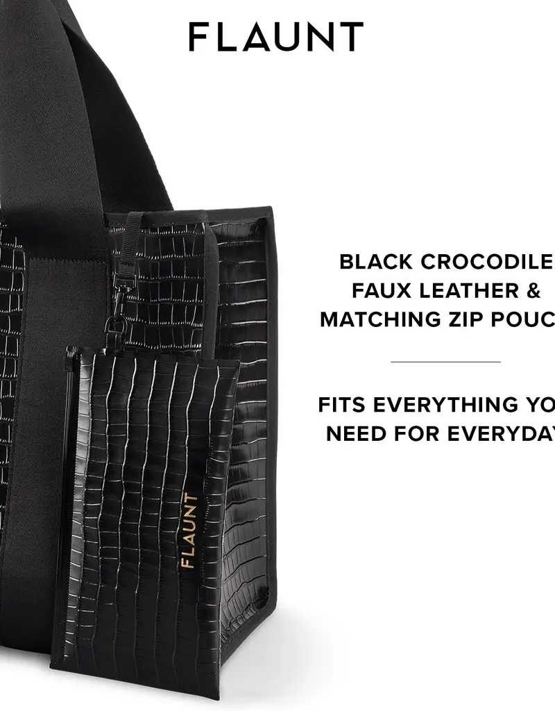 509 Broadway Black Crocodile Leather Everyday Tote Bag with Pouch