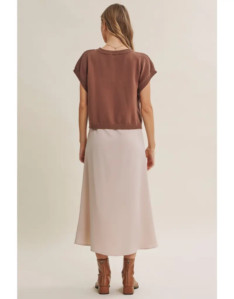 509 Broadway Cable Knit Sweater Vest W/ Satin Midi Dress