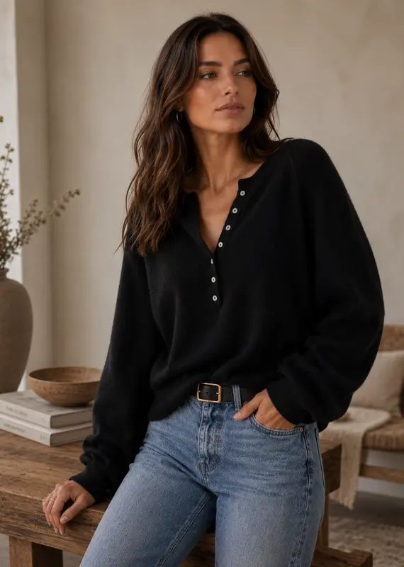 509 Broadway Luxe Knit Henley Pullover