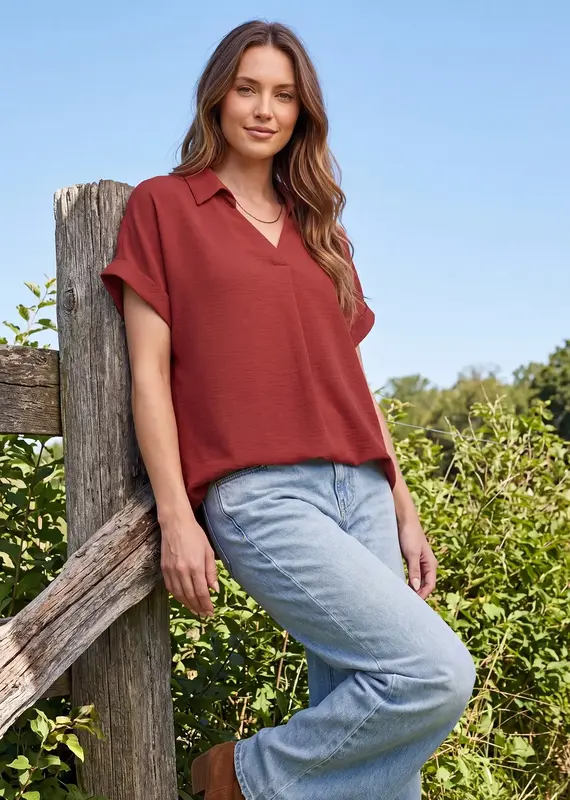 509 Broadway Drop Shoulder Collared Woven Top