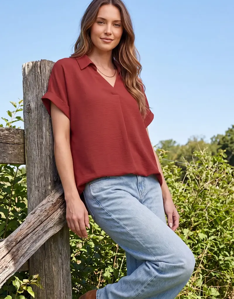 509 Broadway Drop Shoulder Collared Woven Top