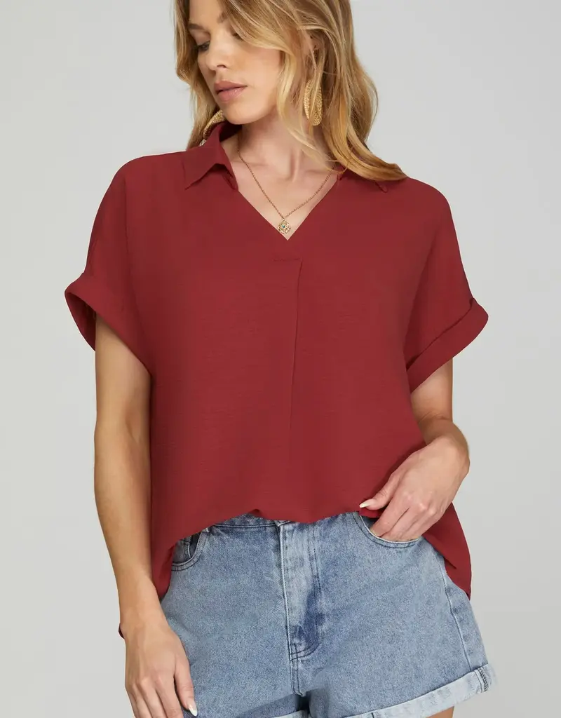 509 Broadway Drop Shoulder Collared Woven Top