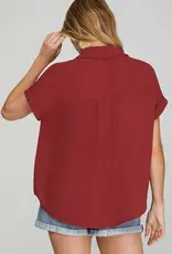 509 Broadway Drop Shoulder Collared Woven Top