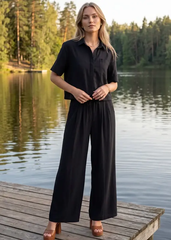 509 Broadway Short Sleeve Button Top & Pant Set