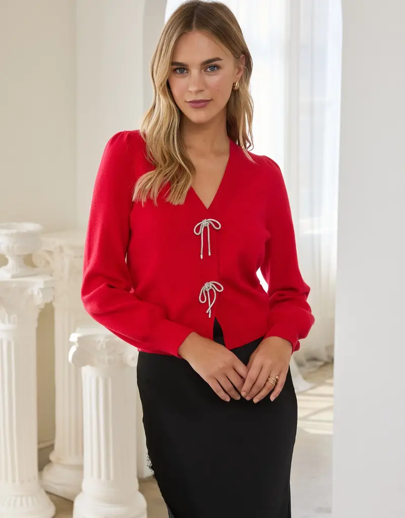 509 Broadway Ribbon Trim Puff Sleeve Cardigan