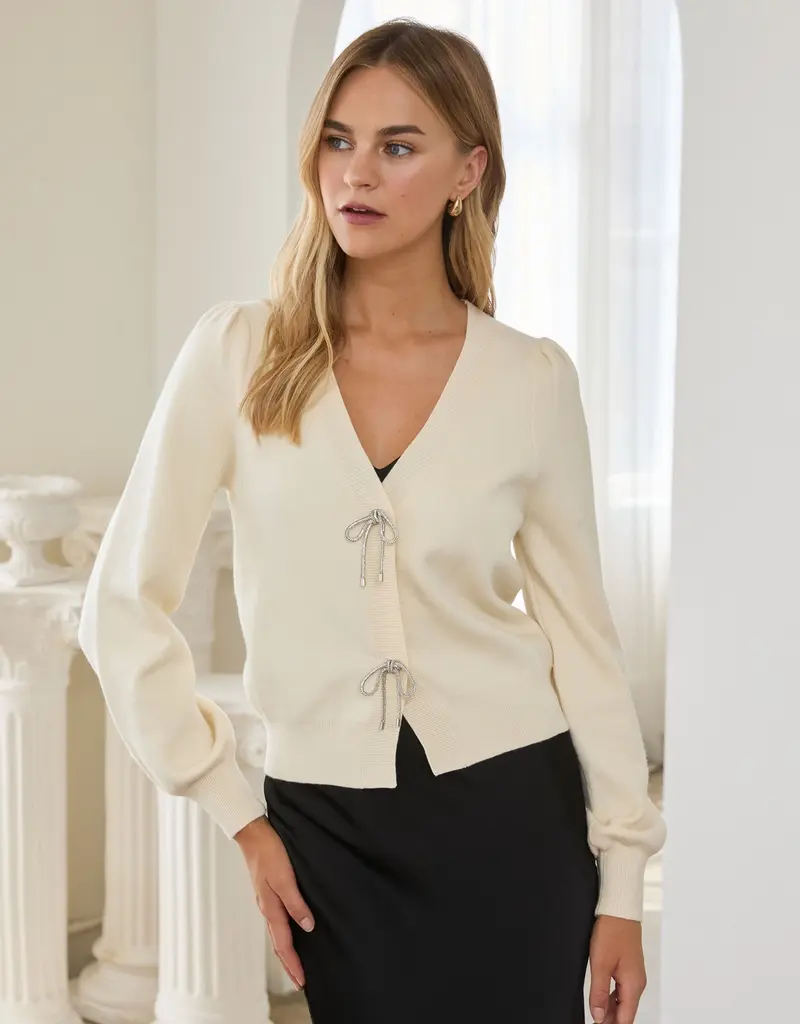 509 Broadway Ribbon Trim Puff Sleeve Cardigan