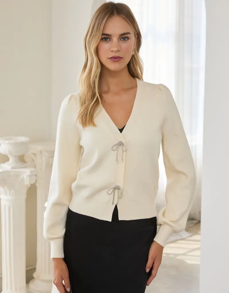 509 Broadway Ribbon Trim Puff Sleeve Cardigan