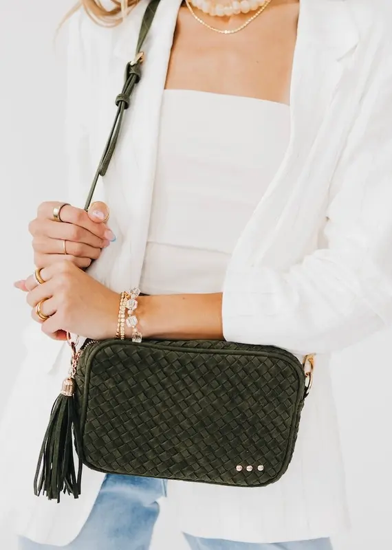 509 Broadway Suede Woven Willow Camera Crossbody