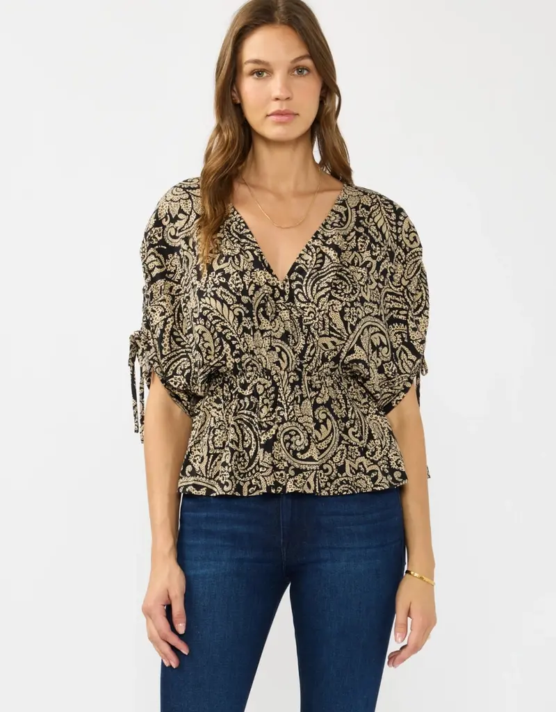 509 Broadway Ruched Sleeve Surplice Peplum Top