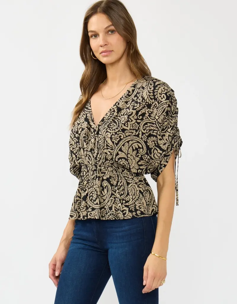509 Broadway Ruched Sleeve Surplice Peplum Top