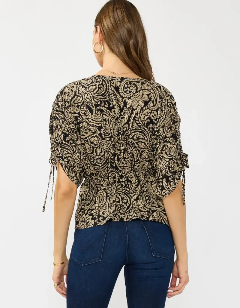 509 Broadway Ruched Sleeve Surplice Peplum Top