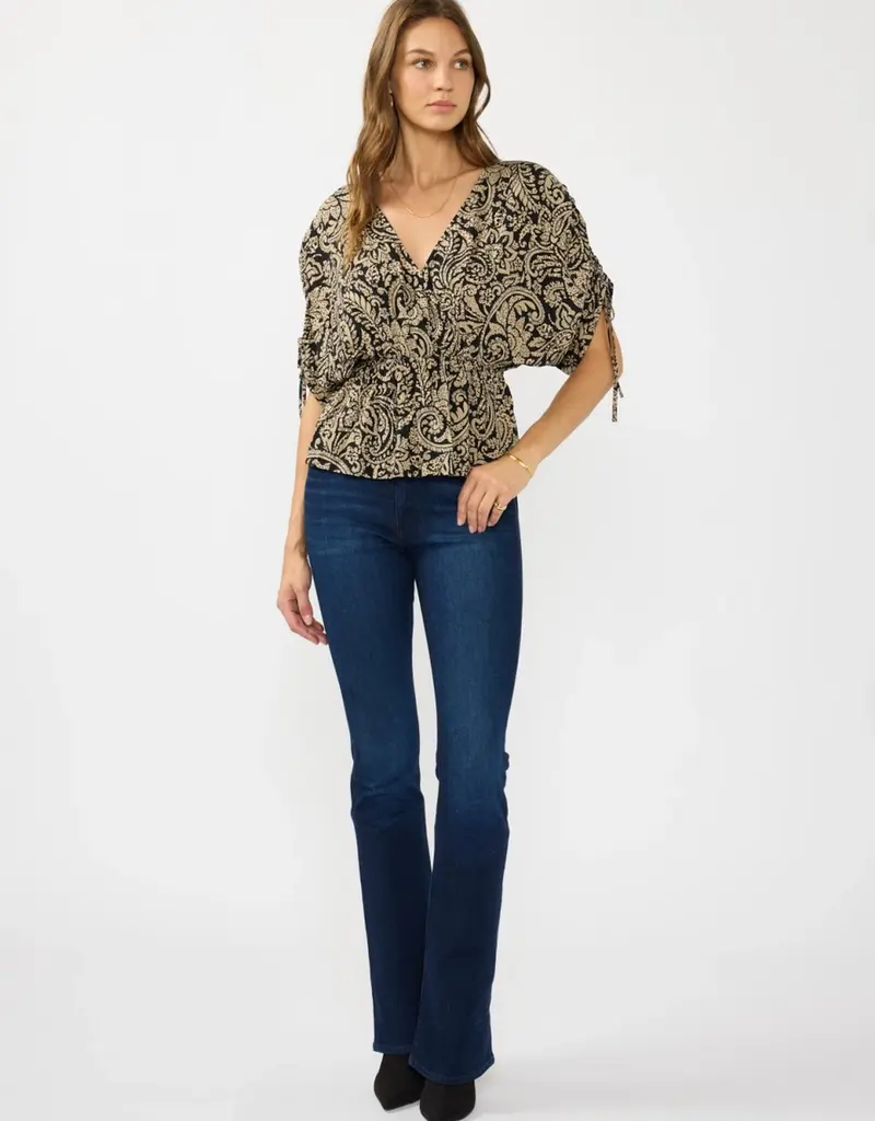 509 Broadway Ruched Sleeve Surplice Peplum Top