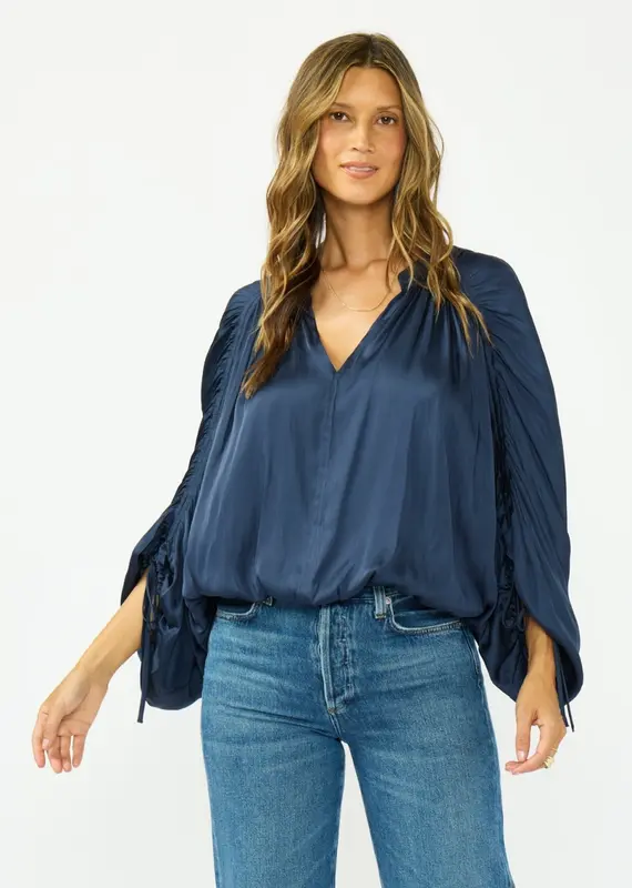 509 Broadway Rouched L/S Split Neck Top