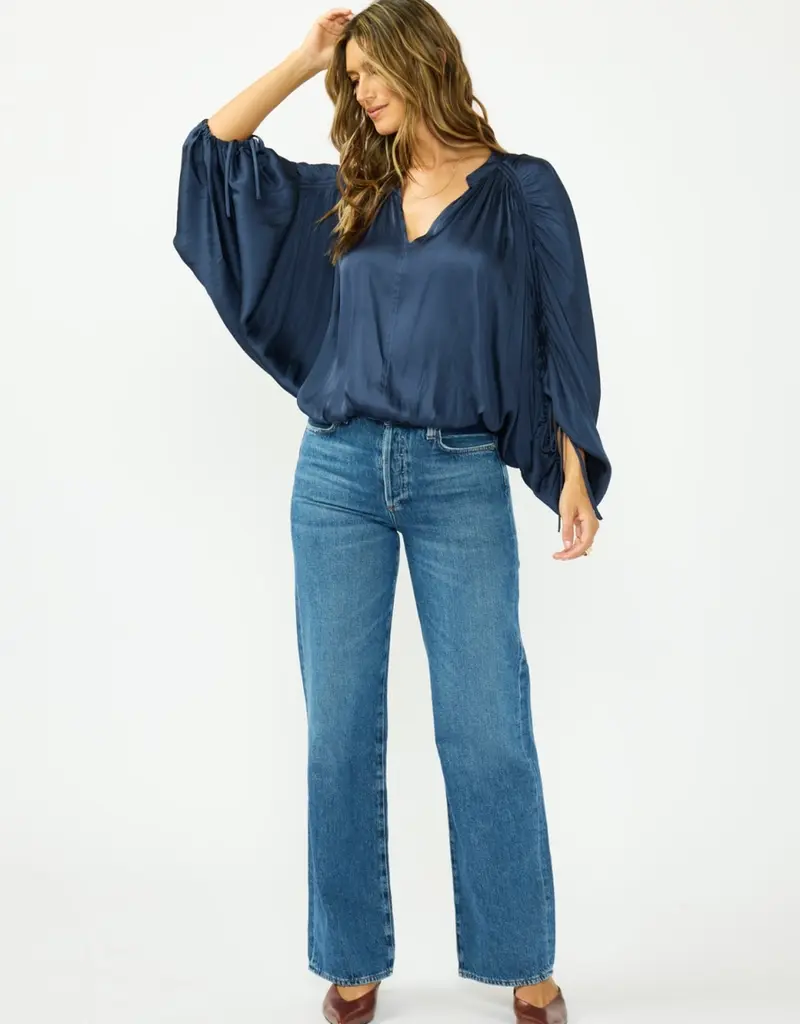 509 Broadway Rouched L/S Split Neck Top