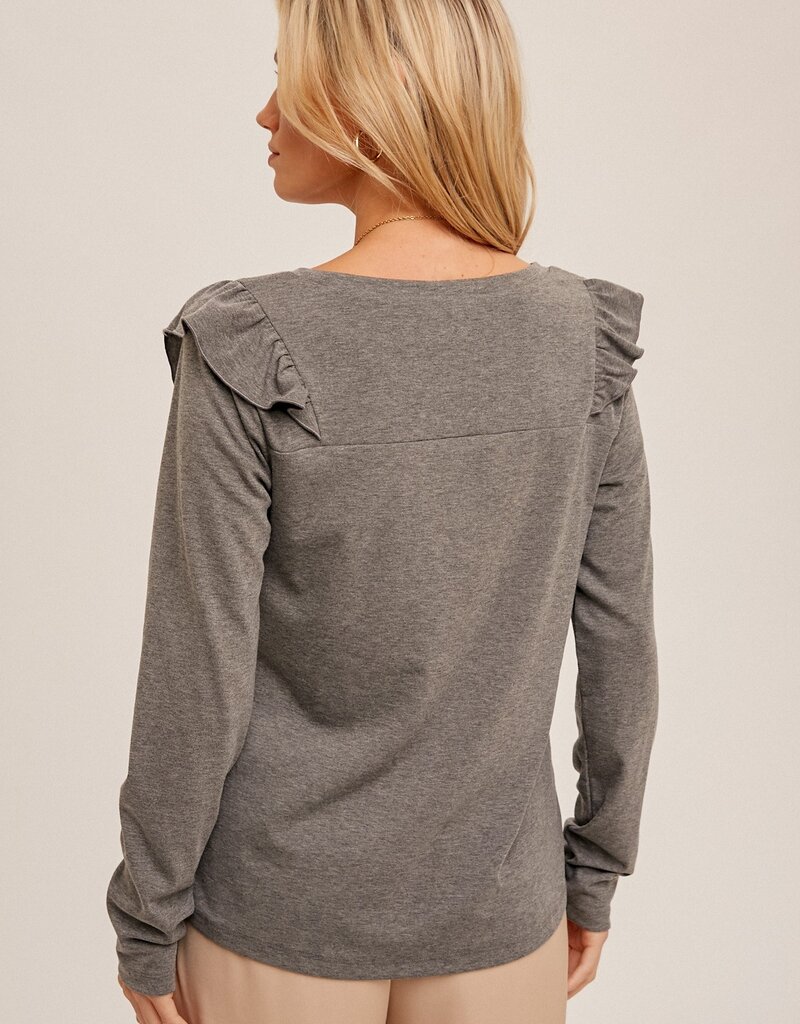 509 Broadway Ruffled Detail Knit Long Sleeve Tee