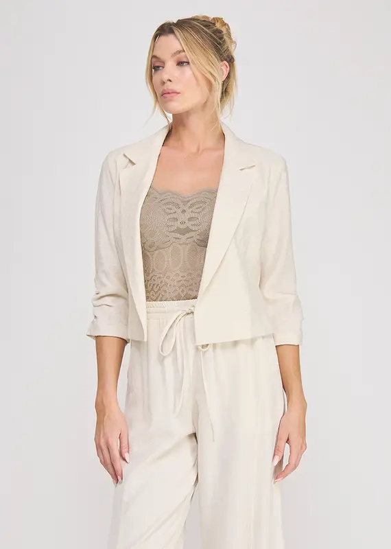 509 Broadway Linen Cropped Cinched Sleeve Blazer